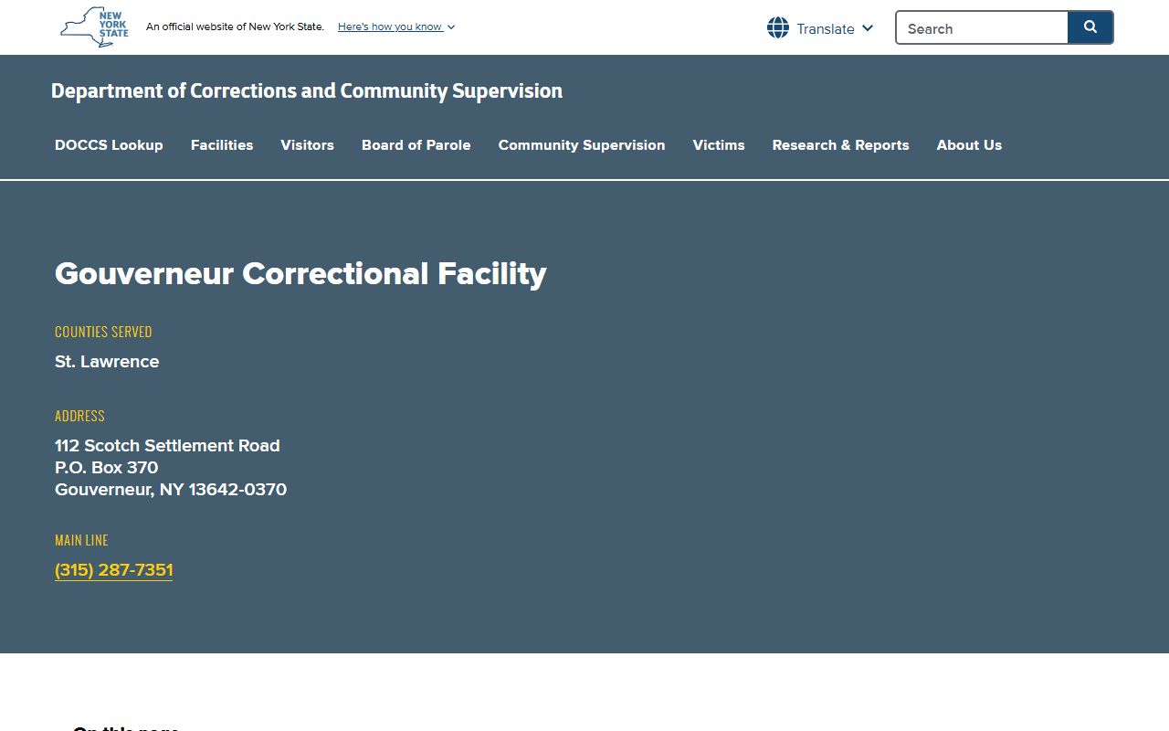 Gouverneur Correctional Facility DOCCS inmate lookup and visitation page