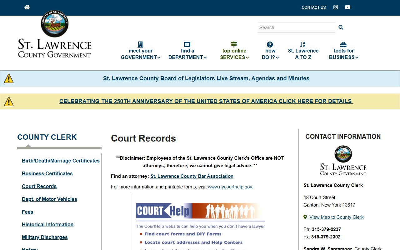 St. Lawrence County court records after jail arrest County Clerk page