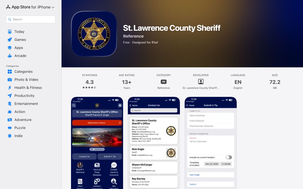 St. Lawrence County Sheriff app inmate search and VINE features