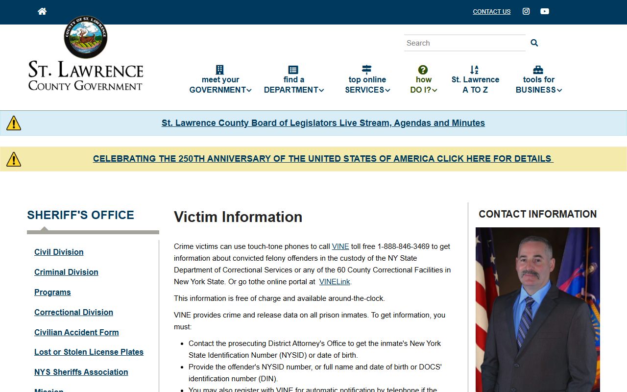 St. Lawrence County inmate population VINELink and VINE notification route