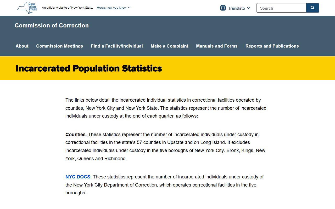 St. Lawrence County inmate population statistics source on the New York SCOC page